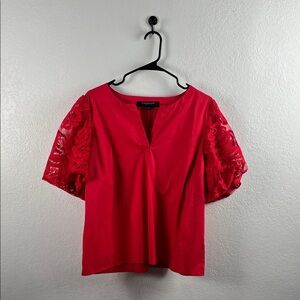 Marc New York Women’s Red Blouse Floral Lace Sleeves V Neck Cotton Blend Sz XL